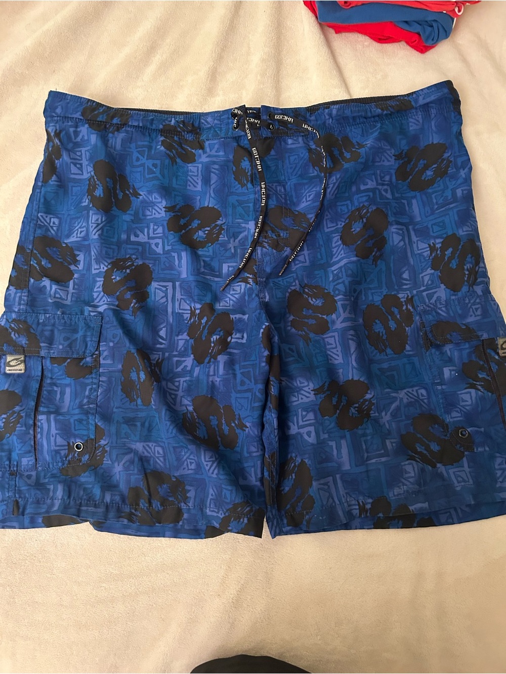 Men's Blue Patterned Swim Board Shorts with Black Print - Picture 2 of 6